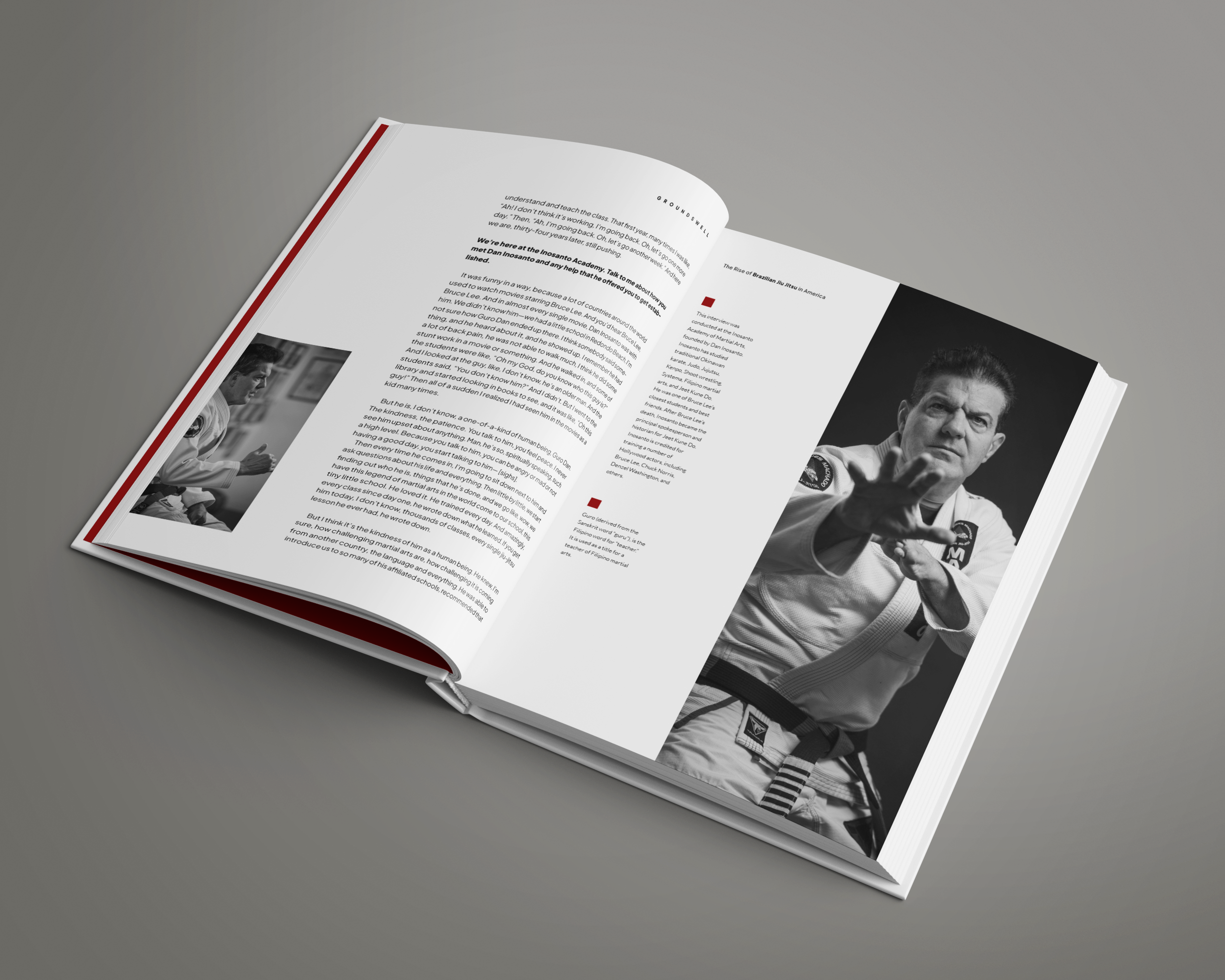 Interior spread from Groundswell showing a full-page black-and-white portrait alongside interview text