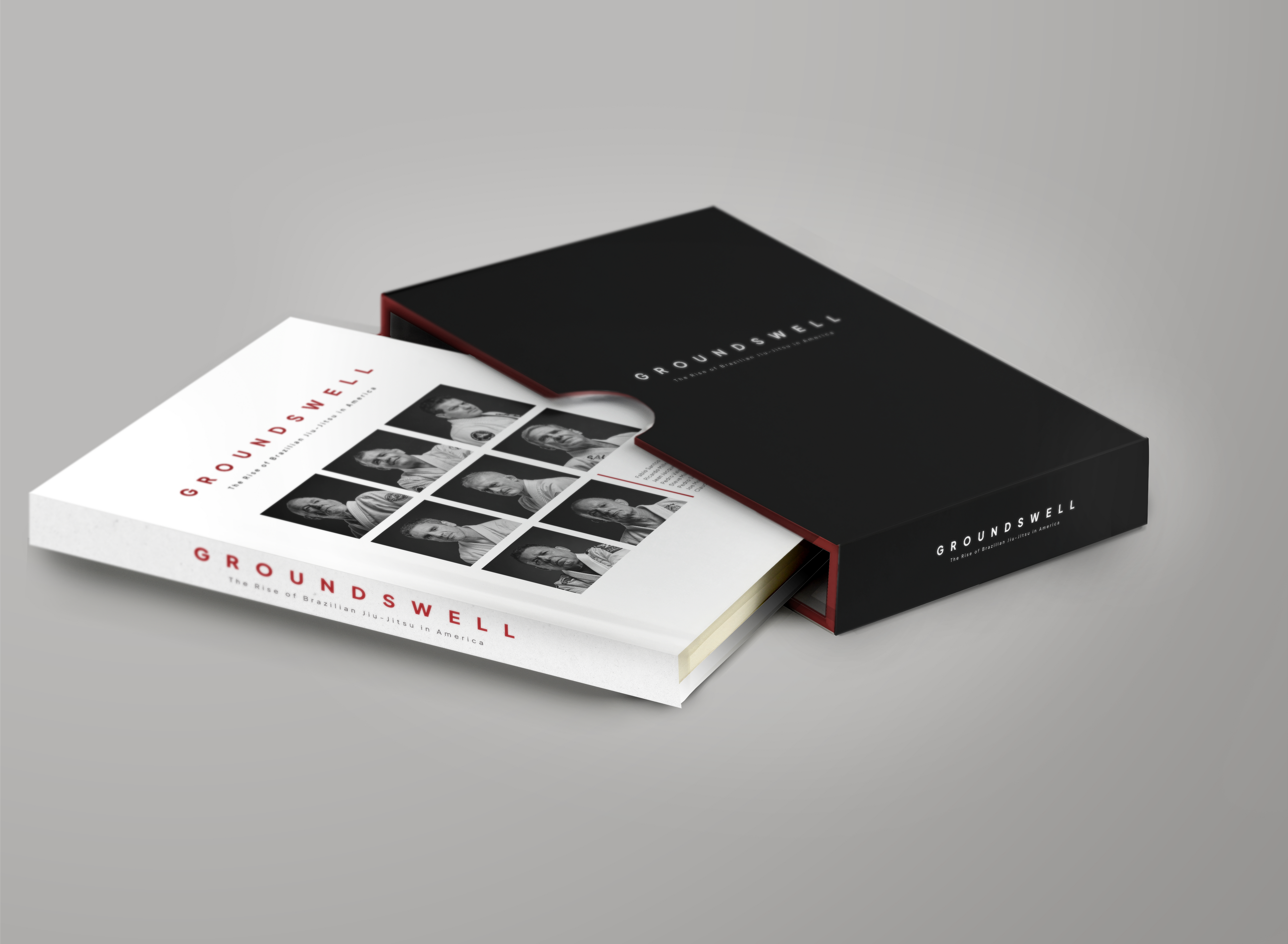 Groundswell hardcover sliding out of its black slipcase, showing the eight pioneer portraits